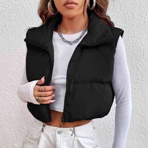 Black Casual Women's Zipper Front Vest Padded Coat - Picture 2 of 6